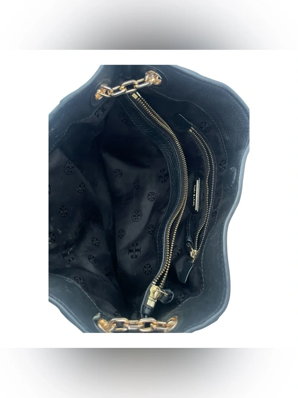Tory Burch Britten Small Slouchy Tote Black Pebbled Leather Gold Chain Logo Bag